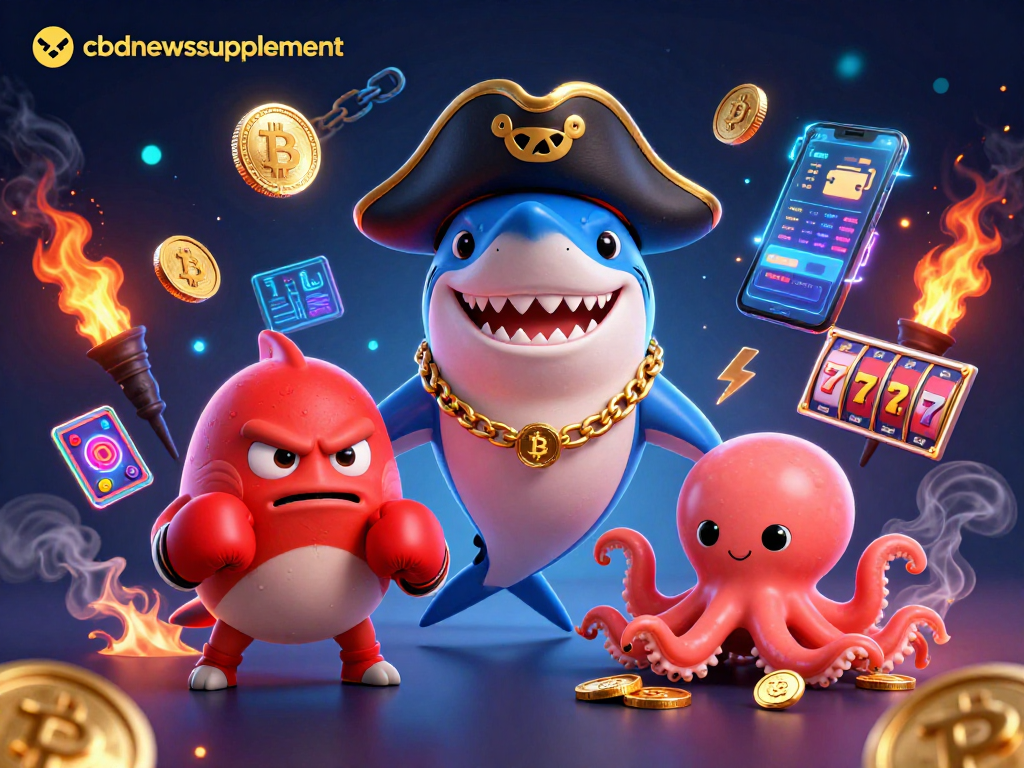 Bet on fun with cbdnewssupplement featuring a shark and friends enjoying vibrant slot gameplay and crypto.