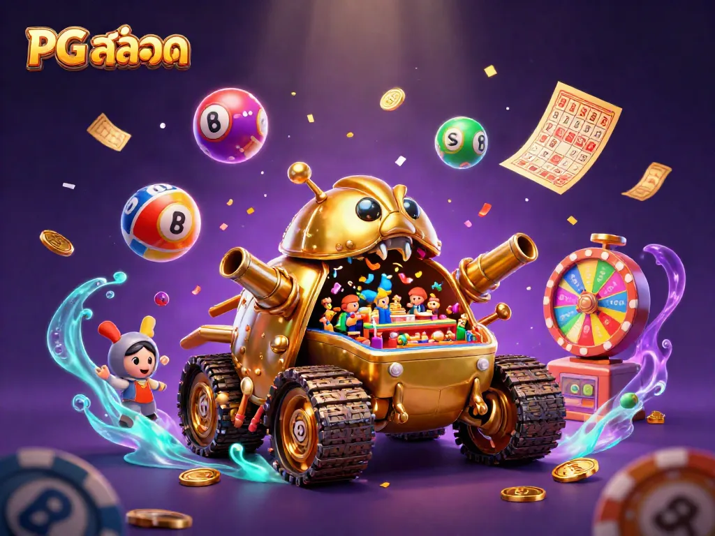 Experience the dynamic energy of PG สล็อต with a golden beetle tank casino illustration bustling with activity.