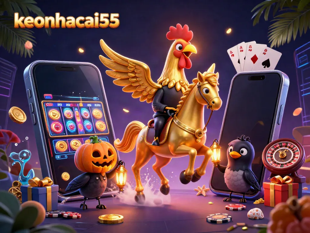 Bet on glory with keonhacai55 in a magical casino scene featuring golden rooster