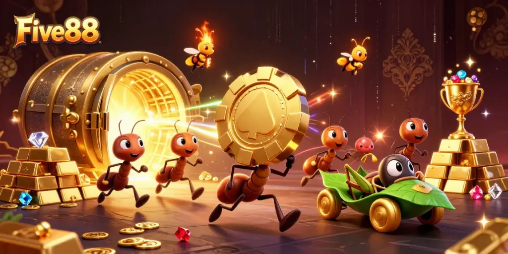 Five88 captures the thrill of gaming with ants heisting a giant poker chip in a vibrant casino scene.