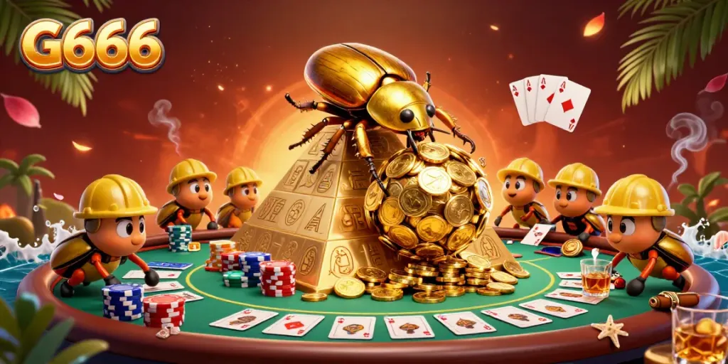 Engage with G666 in this vibrant scene featuring a golden beetle amid casino elements.