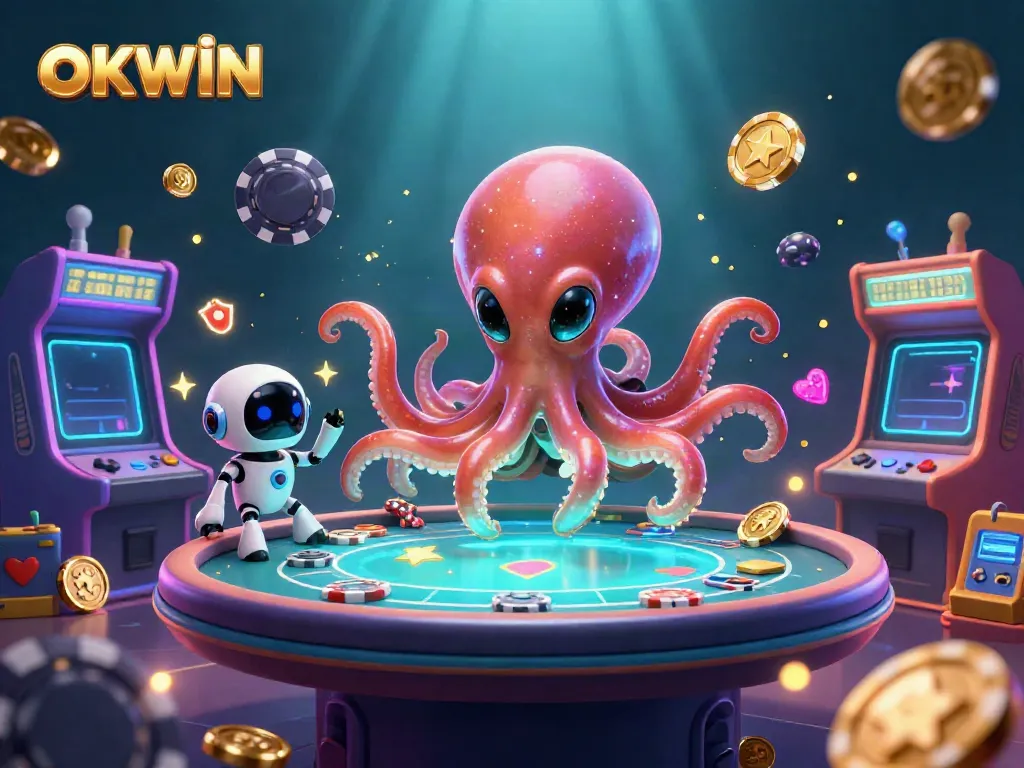 Experience exciting gambling action at OKWIN with vibrant 3D illustrations depicting futuristic poker.