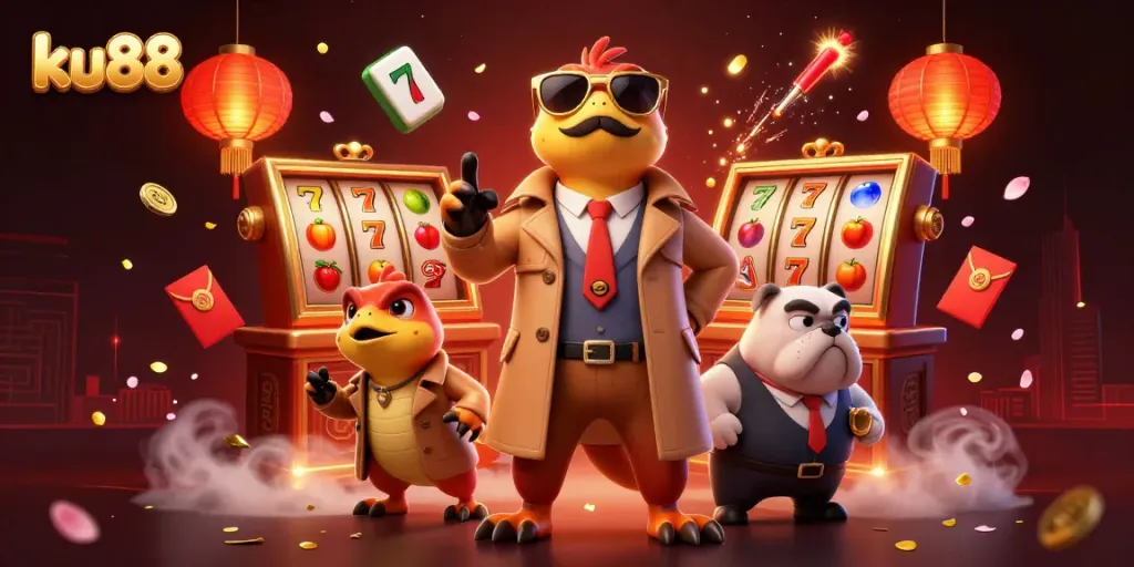Experience excitement at ku88 with animated raptors in a trench coat entering a vibrant VIP casino lounge.