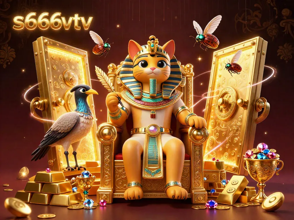 Engage with the lively world of s666vtv featuring an Egyptian pharaoh cat surrounded by treasures and casino elements.