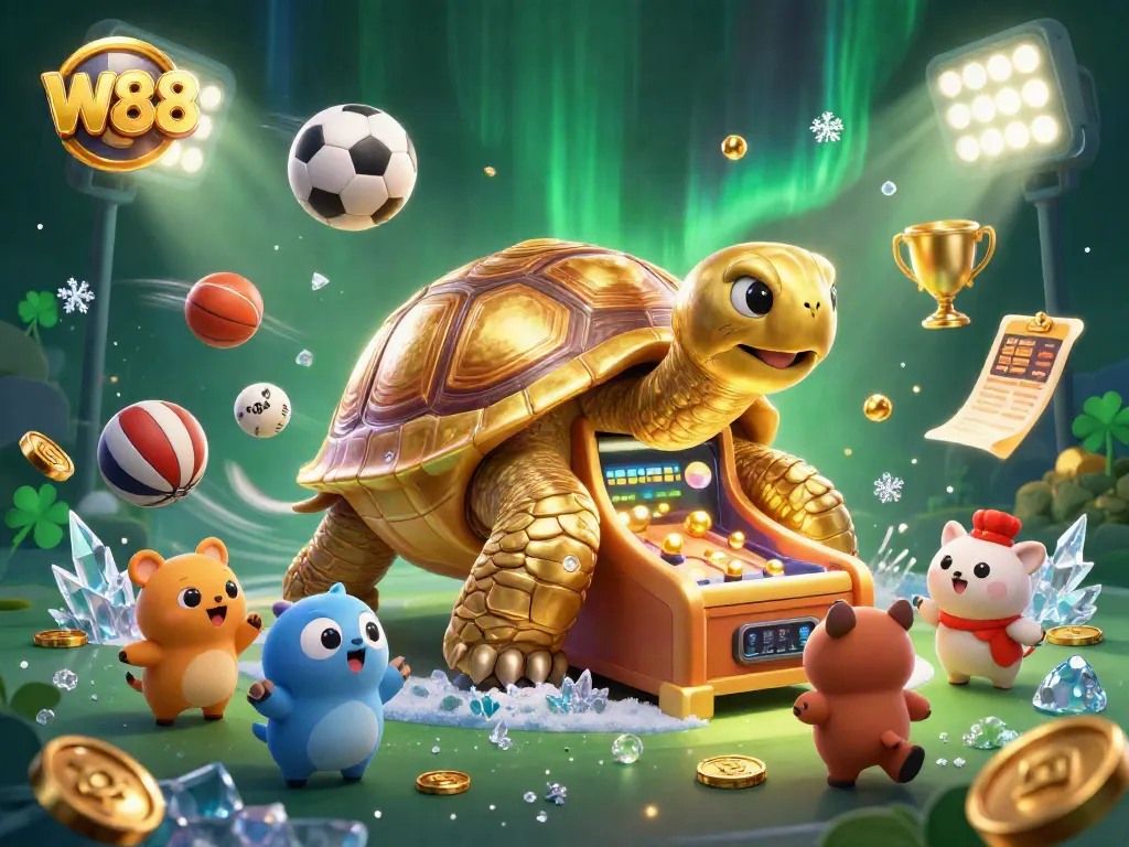 Win big at W88 with this engaging 3D casino illustration showcasing dynamic gameplay elements.