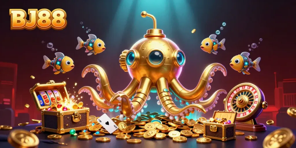 Experience thrilling adventures at BJ88 with our golden kraken submarine amidst a sea of casino treasures.