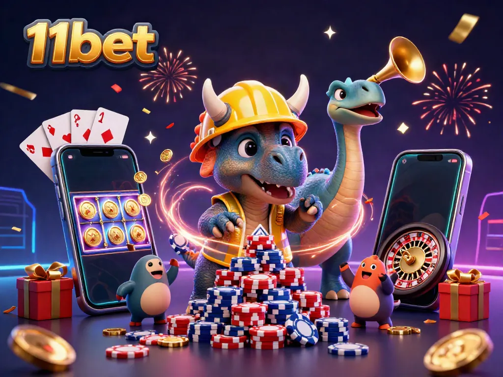 Engage in exciting slots with 11bet's vibrant 3D casino scene featuring playful characters.