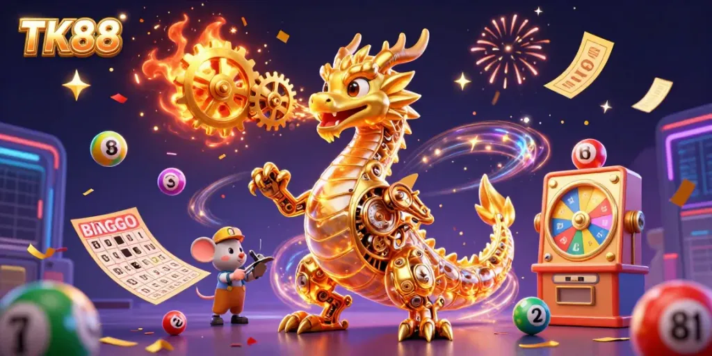 Engage with the vibrant TK88 gaming scene featuring a golden dragon and lottery elements in action.