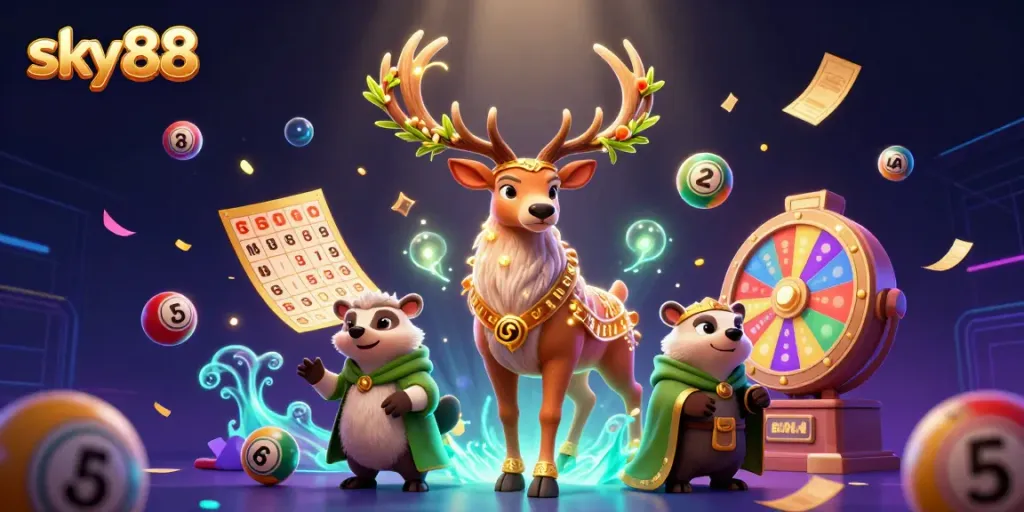 Play exciting games at sky88 with a 3D magical illustration of casino elements and characters.