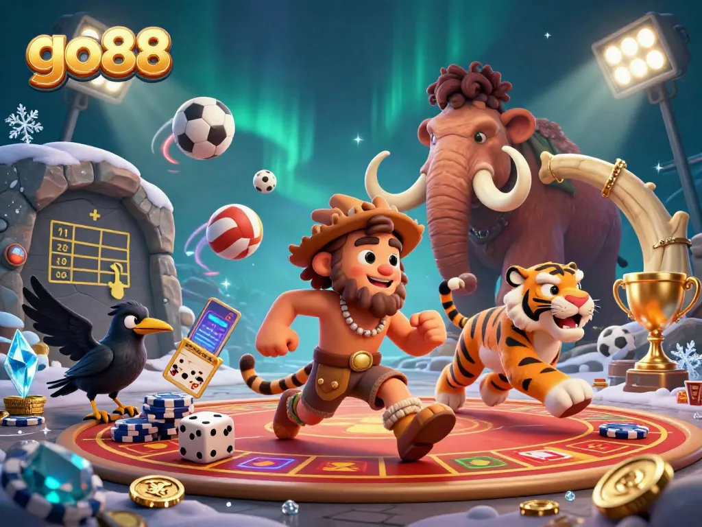 Engage in thrilling gaming at go88 with playful caveman and tiger duo in a vibrant casino scene.