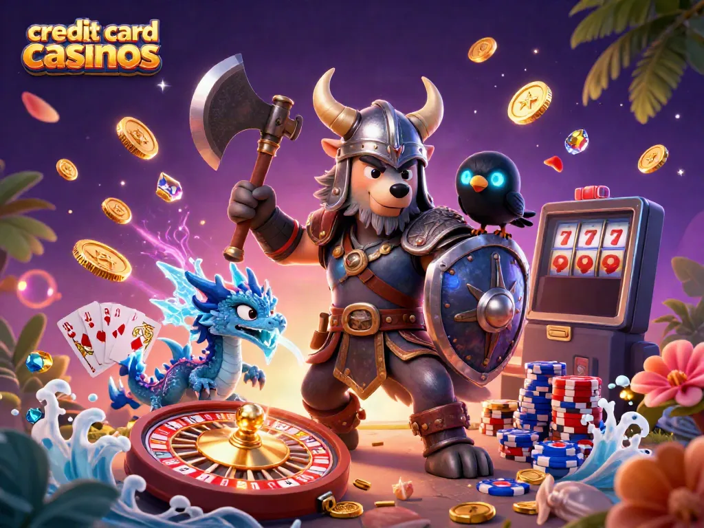 Engage in thrilling gameplay at credit card casinos featuring a Viking warrior, dragon, and vibrant game elements.