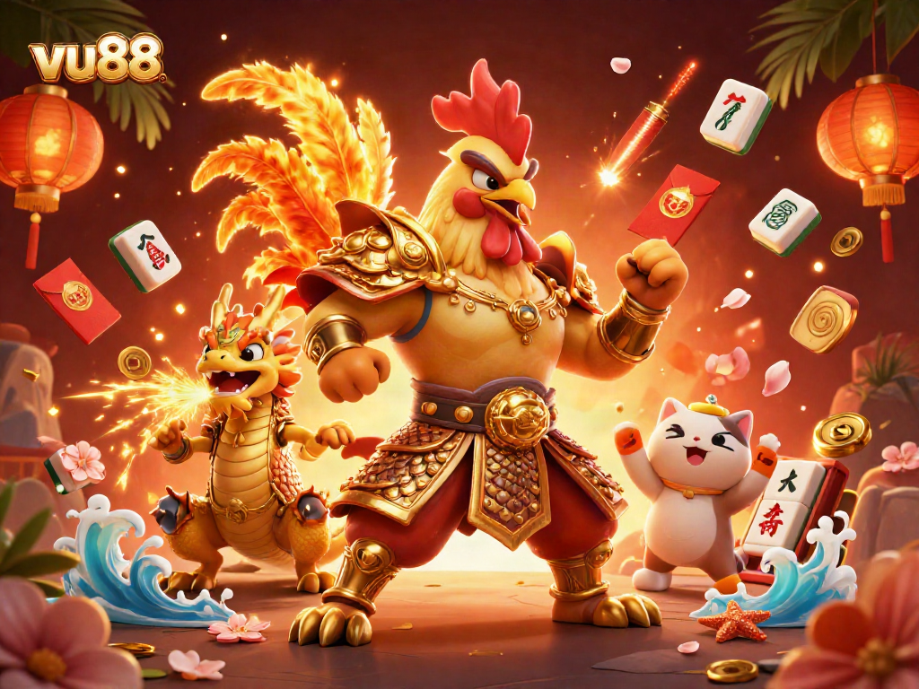 Experience exciting gameplay at vu88 with a vibrant 3D scene featuring a rooster warrior and dragon!