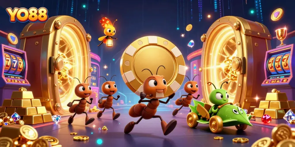 Join the action at YO88, where cartoon ants heist a giant poker chip amid gold treasures in a vibrant casino.