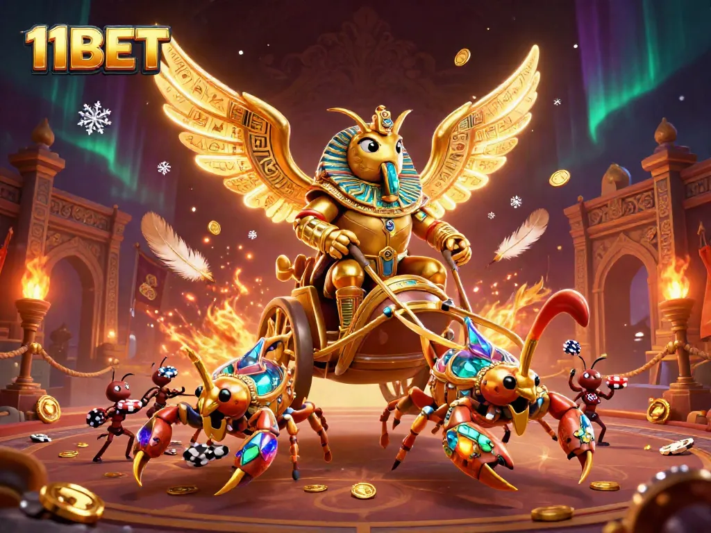 Experience the vibrant energy of 11BET through a dynamic illustration featuring a colossal scarab and playful ant soldiers.