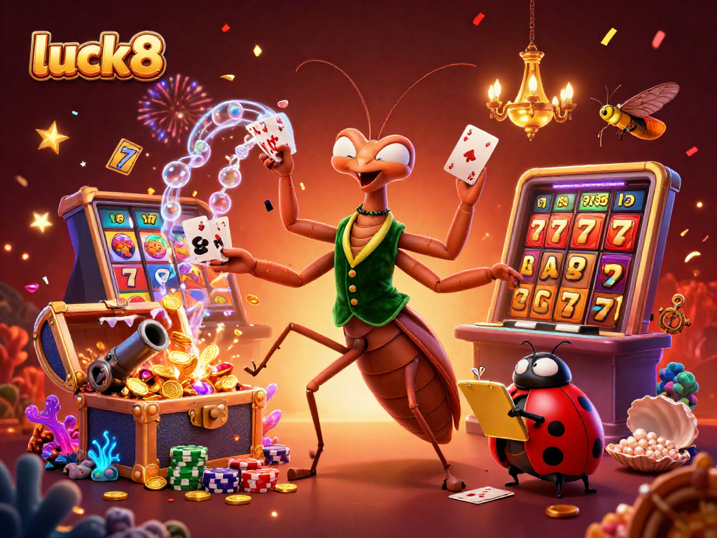 Experience the excitement of luck8 with a dynamic celebration of casino games, featuring vibrant slot elements.