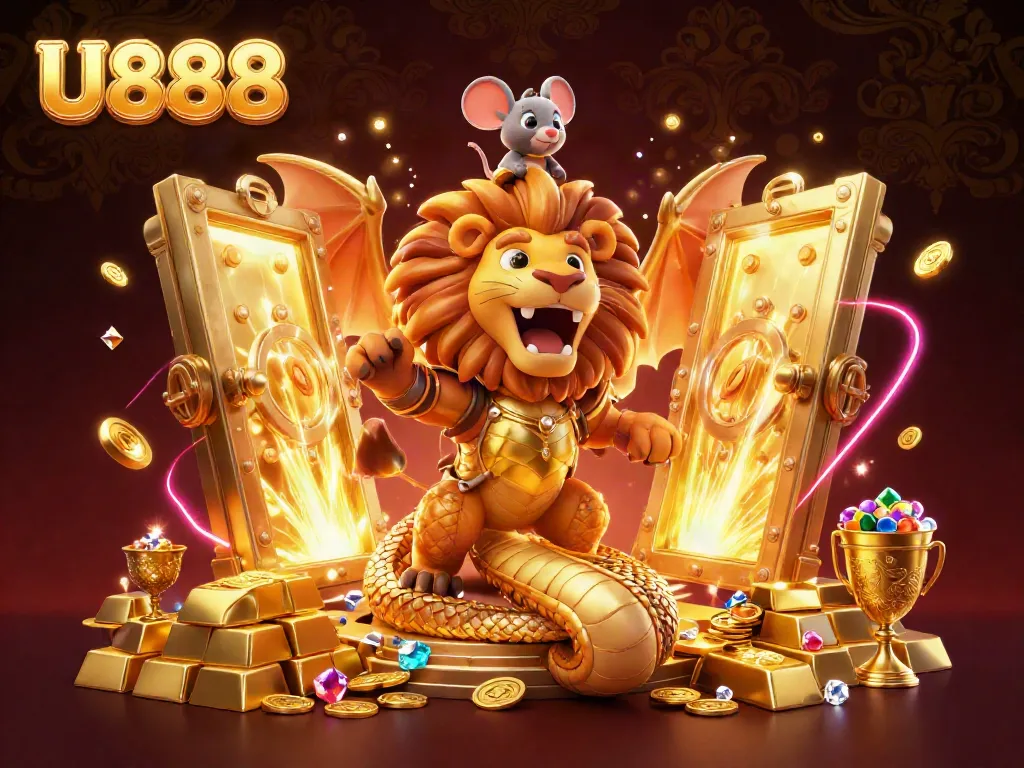 Experience exciting U888 casino games with vibrant golden treasures and roaring chimera.