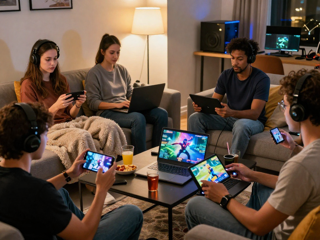 Exciting game porn scene featuring diverse players engaging in adult-themed games on their devices.