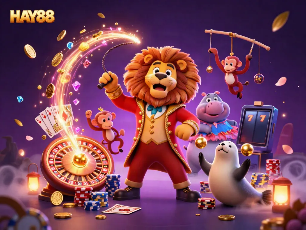 Experience HAY88's dynamic gaming scene with vibrant characters and gambling elements in a circus setting.