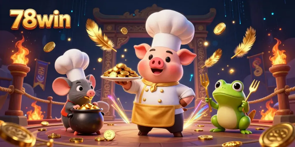 Experience 78win's energizing casino atmosphere with cartoon characters serving gold coins.