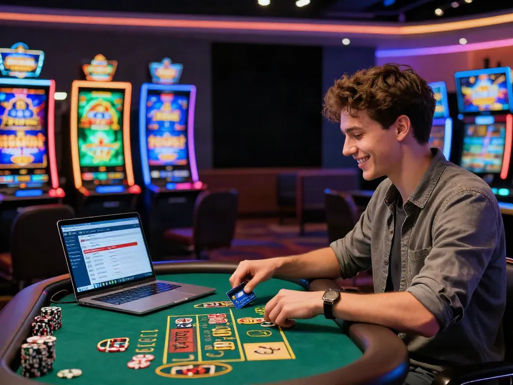 Player enjoying games at casinos that accept credit card, highlighting excitement of online gambling.