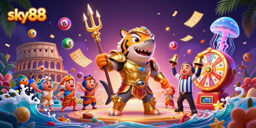 Engage in exciting gaming adventures with sky88, featuring a fierce shark in a vibrant underwater casino.