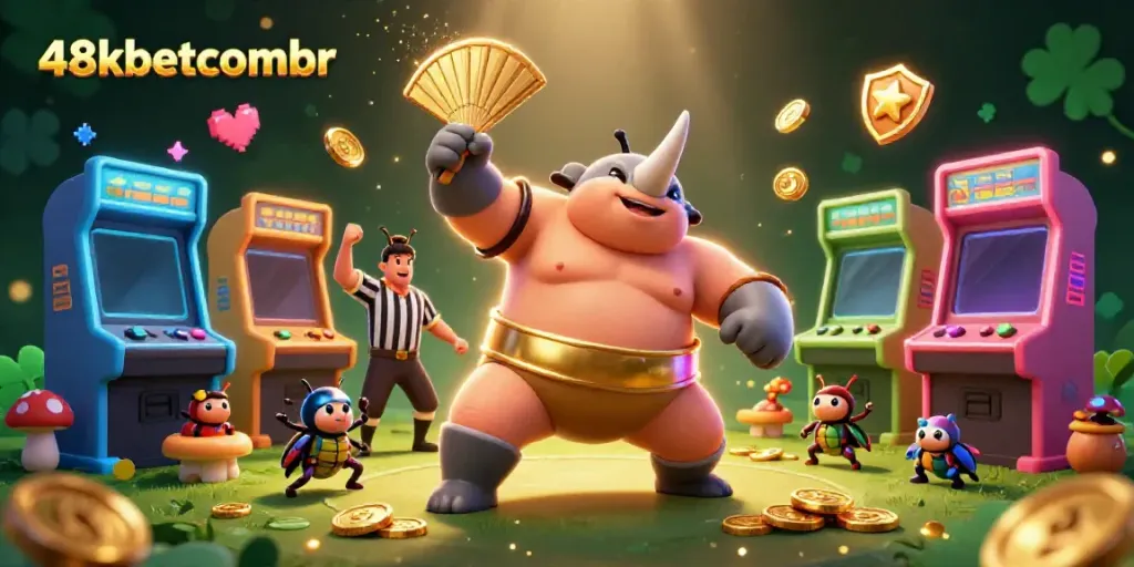 Experience the thrilling excitement of 48xbetcombr with a vibrant scene of a sumo champion beetle surrounded by gaming elements.