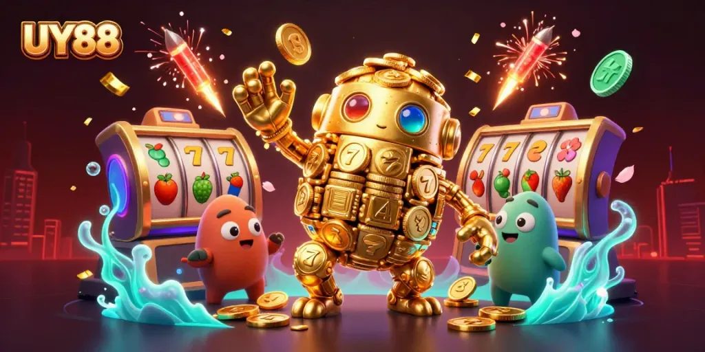 Experience the thrill of UY88 with a captivating illustration of golden gaming elements and vibrant celebrations.