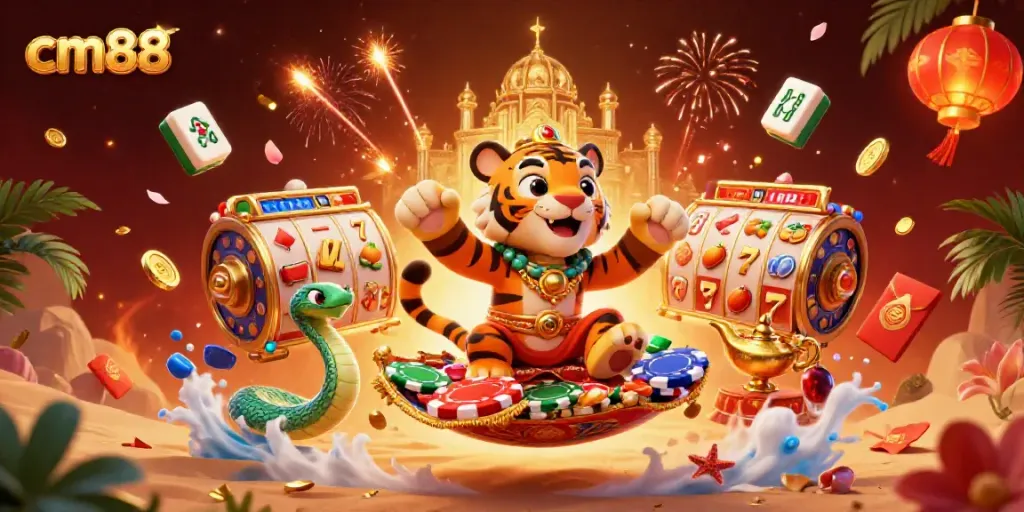 Experience the vibrant cm88 atmosphere with an Arabian-themed casino adventure featuring an animated tiger sultan.