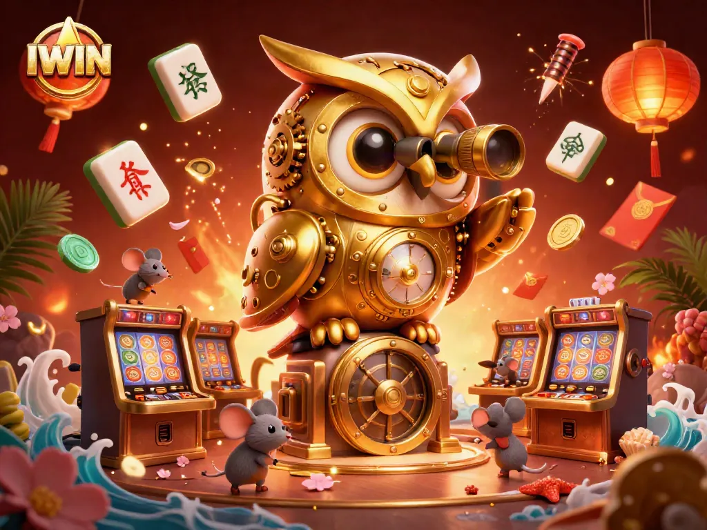 IWIN captures the excitement of gaming with an enchanting owl and casino elements in a vibrant 3D scene.