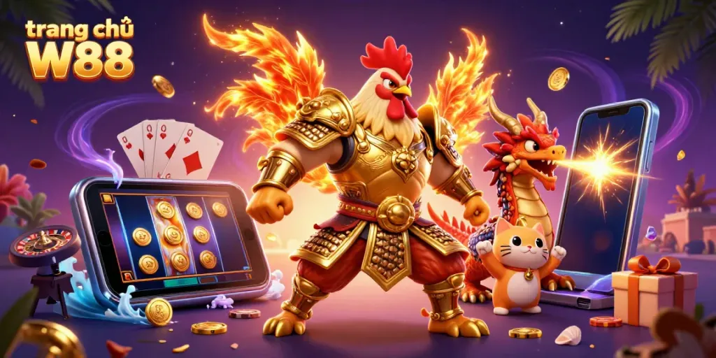 Engage with the excitement at trang chủ W88, showcasing thrilling characters and dynamic casino elements.