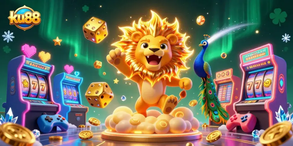 Experience exciting gaming action at ku88 with a vibrant 3D casino illustration brimming with colorful game elements.