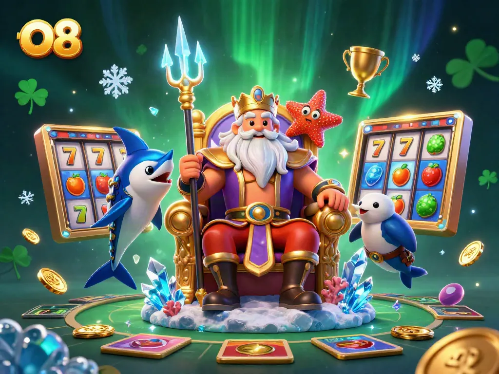 Experience the thrill of O8 with Neptune surrounded by slots, golden coins, and dynamic gaming elements.