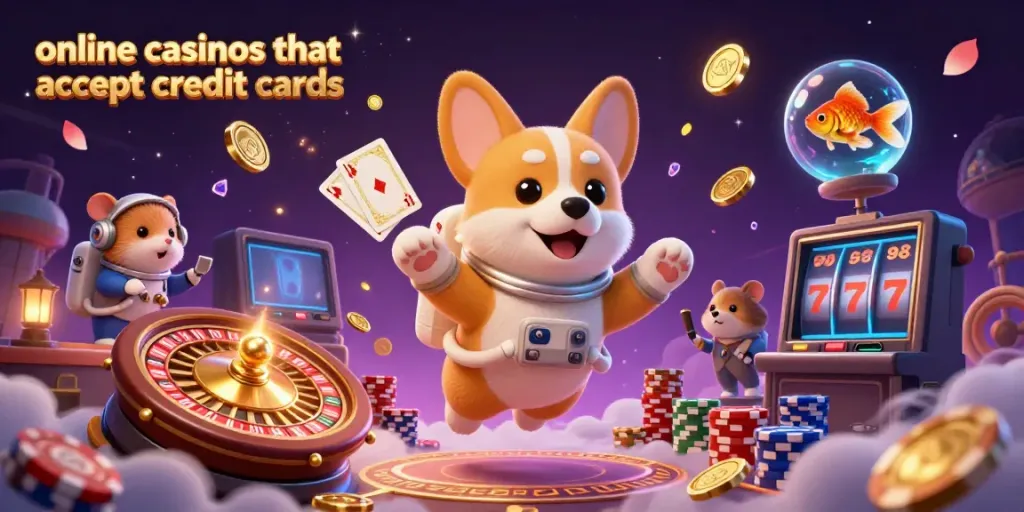 Experience thrilling action with online casinos that accept credit cards featuring a playful corgi in a floating casino.