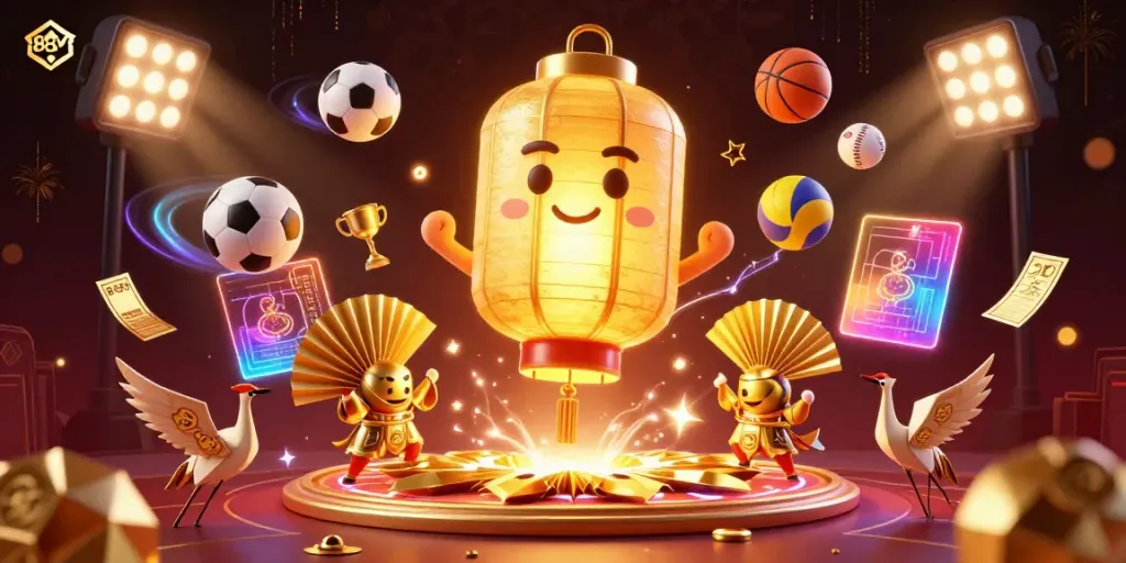 Experience thrilling gameplay at 88VV with a vibrant scene of golden symbols and dynamic sports elements.