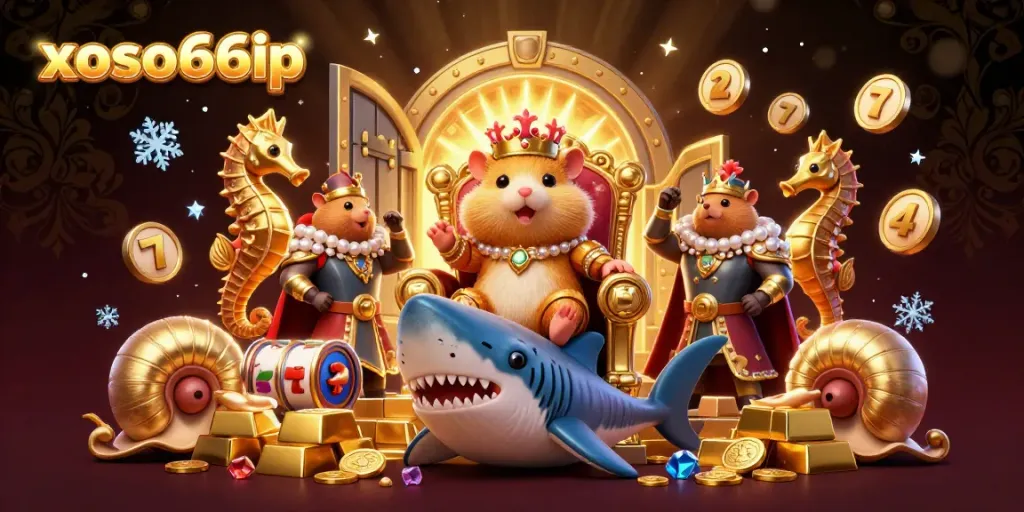 Experience the magic of xoso66ip with a vibrant gambling scene showcasing a golden hamster king on a megalodon throne.