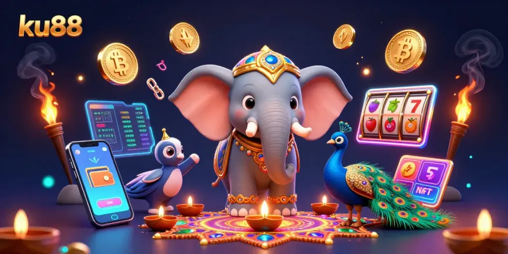 Win big with ku88 in a vibrant casino-themed 3D illustration showcasing dynamic gaming elements.