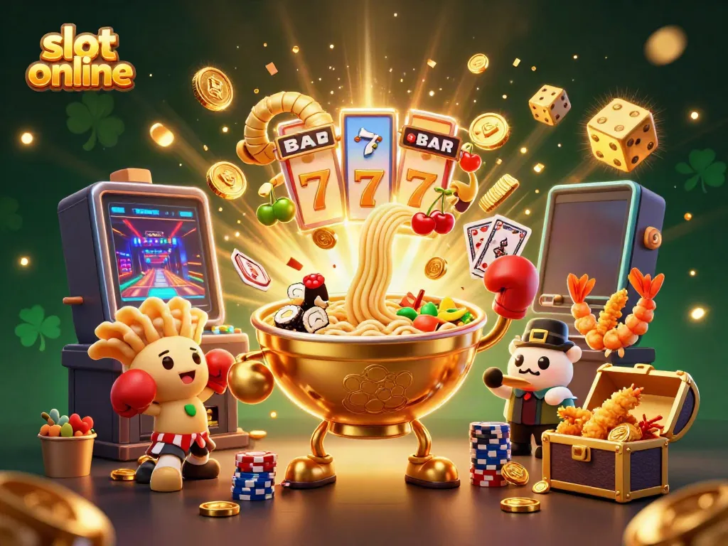 Engaging 3D illustration of a giant ramen bowl and characters celebrating around a slot machine, representing slot online excitement.