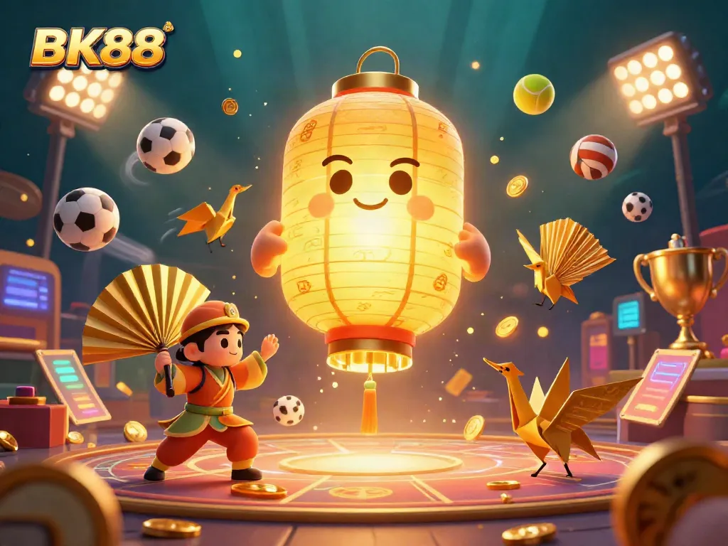Engage with BK88's vibrant casino scene, featuring a golden lantern spirit and dynamic sports elements.