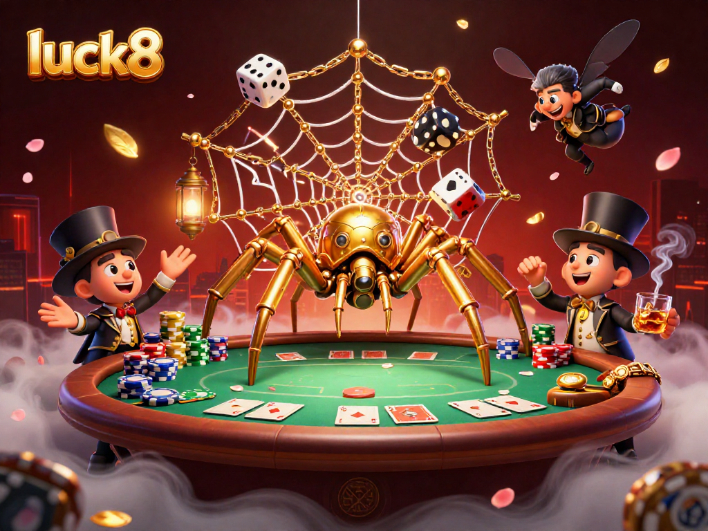 Experience immersive luck8 gameplay with a steampunk spider capturing dice and poker elements.