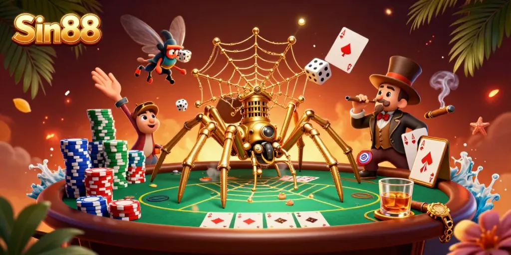 Catch unlucky dice in the web of Sin88's steampunk spider amidst vibrant casino elements.