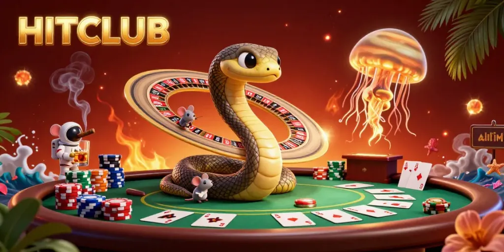 Experience HITCLUB gaming with vibrant casino action, featuring a cosmic theme and playful characters.