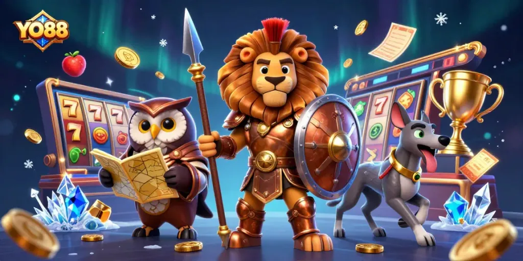 Engage with YO88's vibrant casino experience through a dynamic scene featuring a Spartan lion, an owl strategist, and a greyhound messenger.
