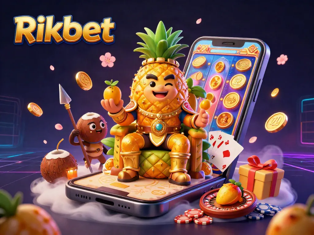 Engage with Rikbet's vibrant casino illustration showcasing a golden pineapple king among dynamic gaming elements.