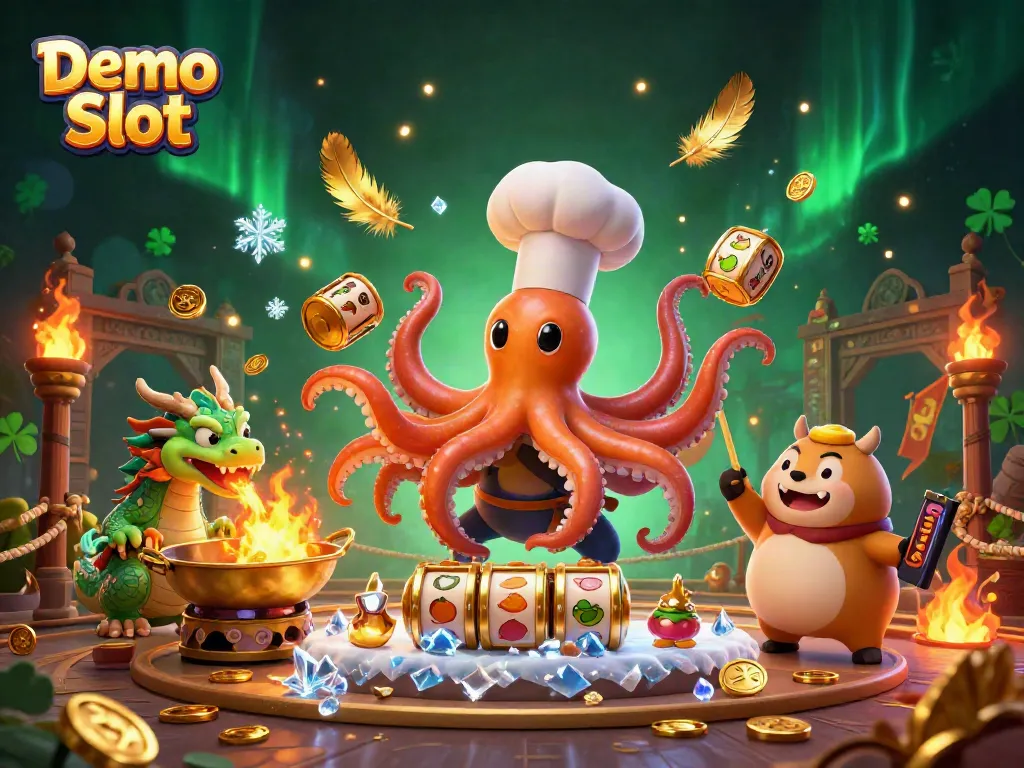 Experience the excitement of Demo Slot with a vibrant 3D scene featuring quirky characters and slot symbols.