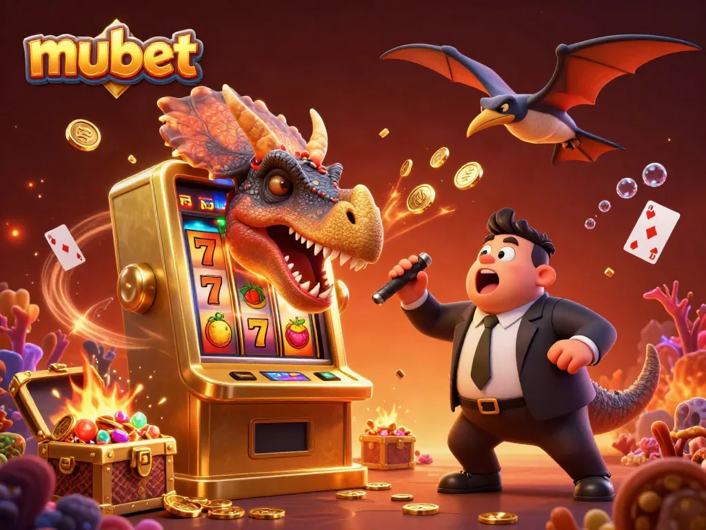 Experience a thrilling moment at mubet as a pachycephalosaurus triggers a jackpot, surrounded by casino excitement.