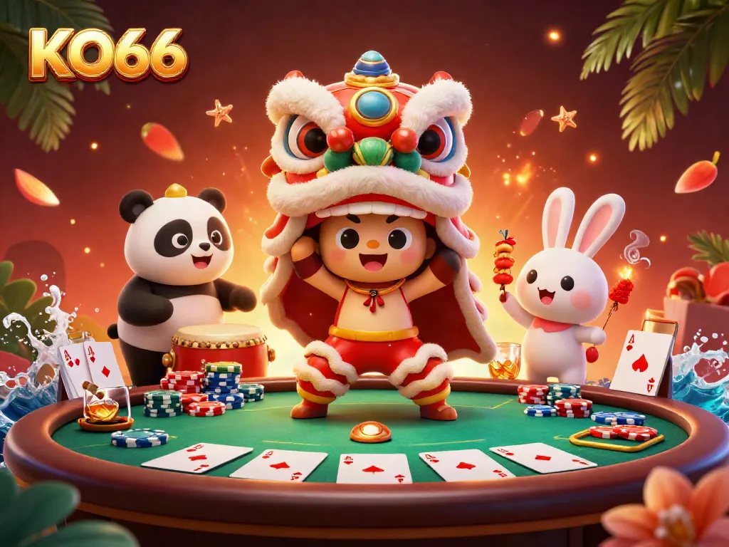 Experience thrilling moments at KO66 with a vibrant casino illustration featuring action-packed characters and game elements.