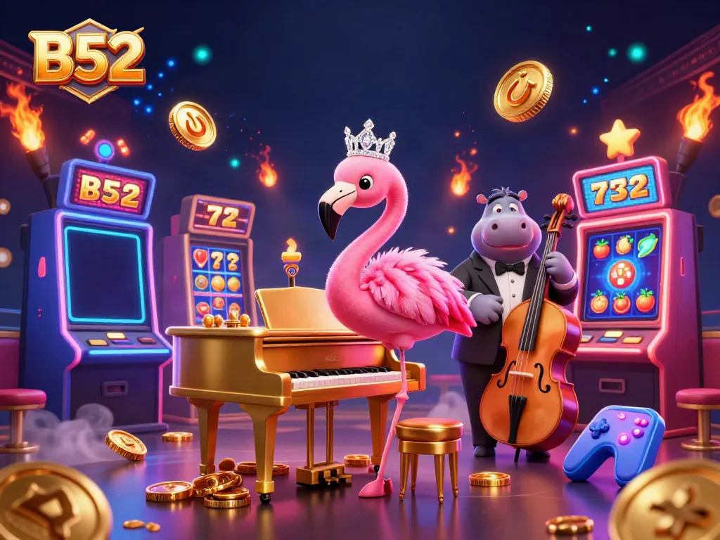 Engage with B52's vibrant casino atmosphere featuring a flamingo singer and hippo bassist.
