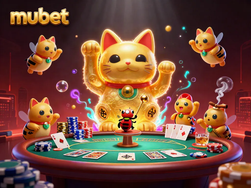 Engage with mubet's lively casino world, showcasing a giant lucky cat and vibrant poker set-up.
