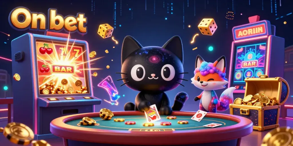 Engage in thrilling gaming experiences at On bet with vibrant casino-themed elements and charismatic characters.