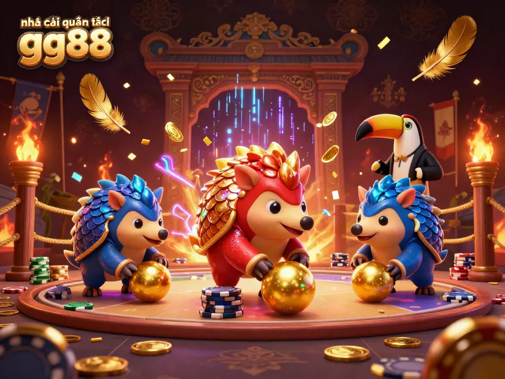 Engage with the vibrant scene of nhà cái quốc tế gg88 featuring rival pangolins playing a lively gambling game amidst golden visual effects.